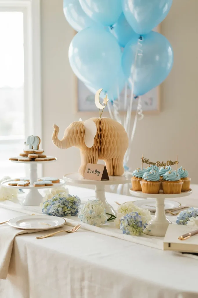 3D blue elephant honeycomb centerpiece with star and moon topper