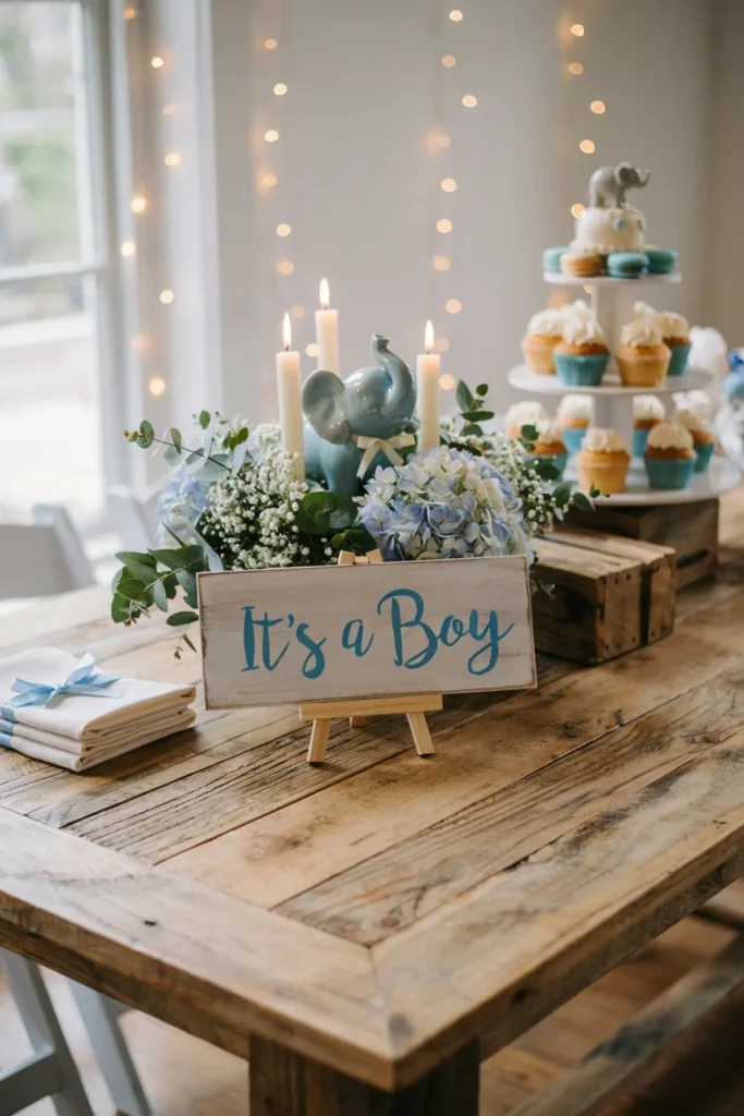 Wooden blue elephant baby shower centerpiece with It's a Boy sign
