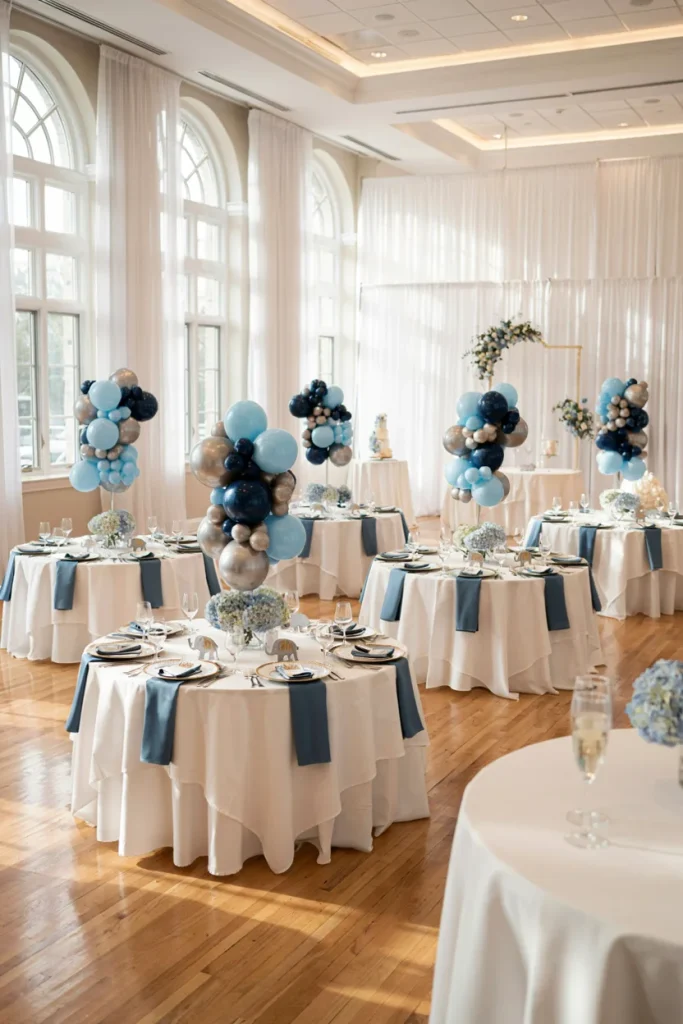 Blue elephant balloon stand centerpieces on a banquet table