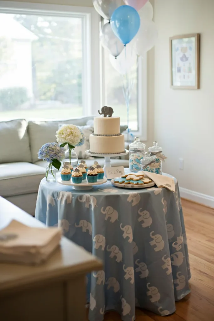 Cake decorated with mini blue elephant and pearl accents