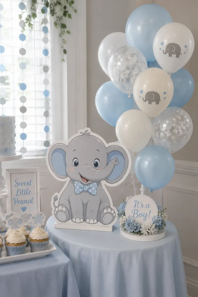 Small blue elephant cutout and balloon stand for a baby shower