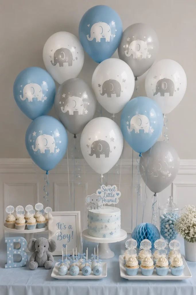 Blue, gray, and white elephant balloons at a baby shower