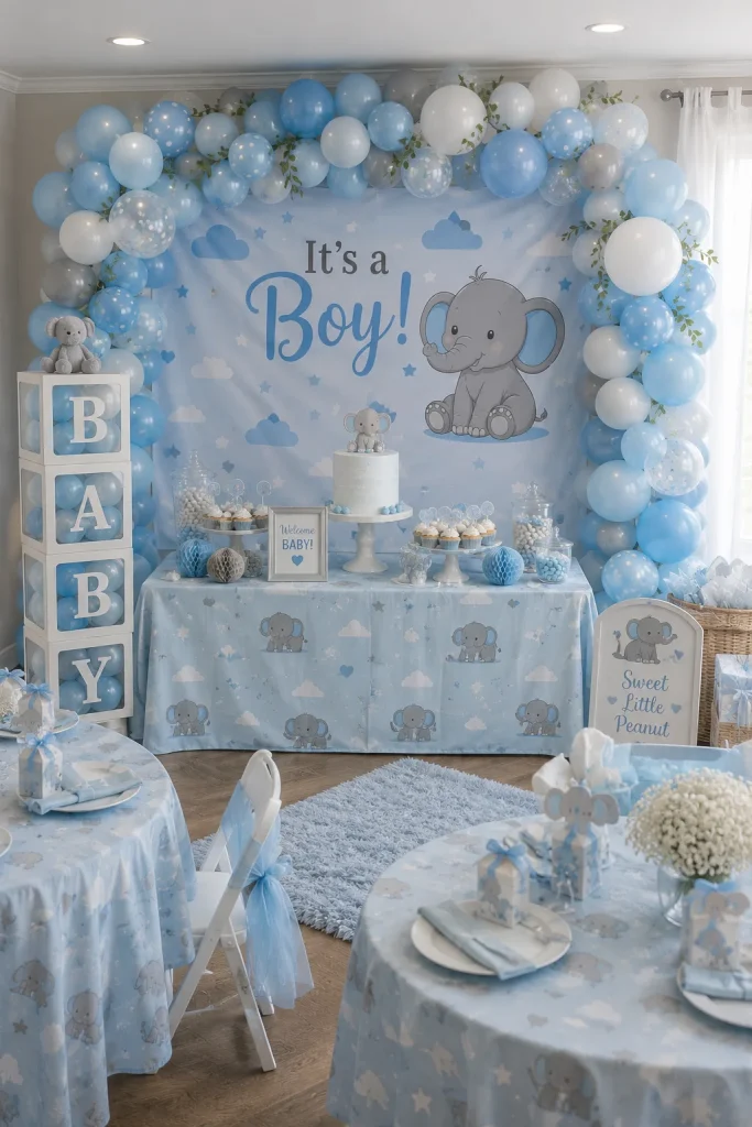 Blue elephant baby shower backdrop banner with balloons and centerpieces
