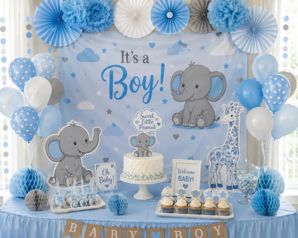 Blue elephant baby shower decor with pompoms and paper swirls