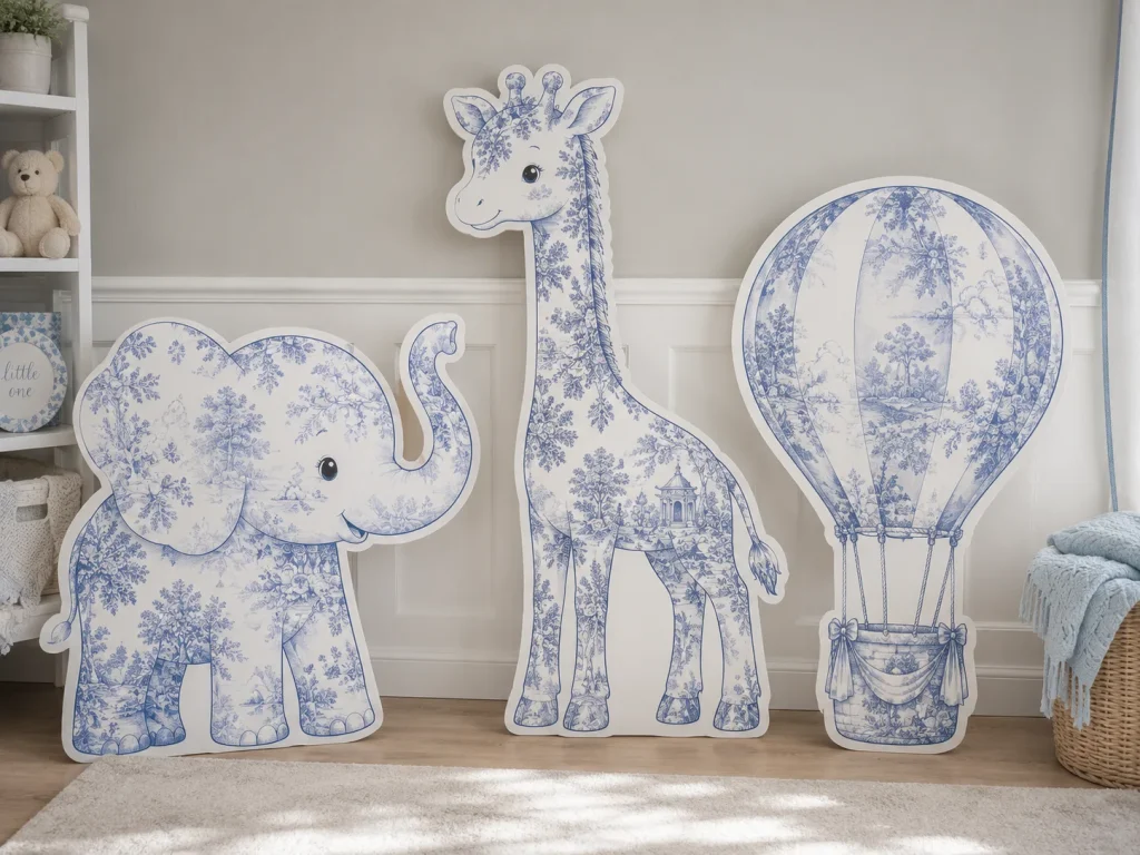 Vintage blue toile elephant, giraffe, and hot air balloon cutouts