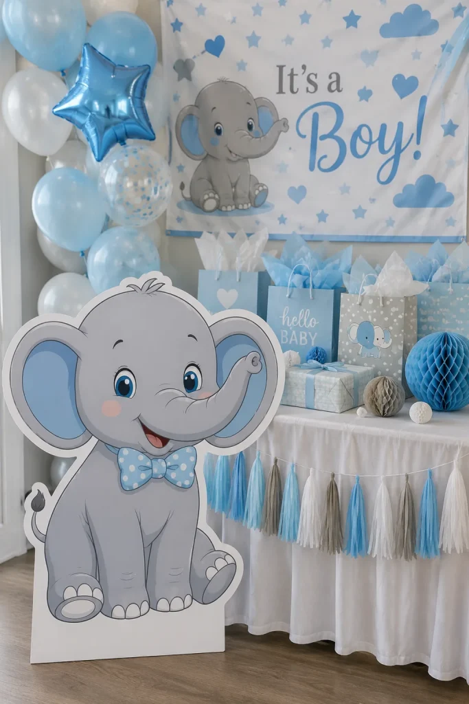 Life-size blue elephant cardboard cutout at a baby shower