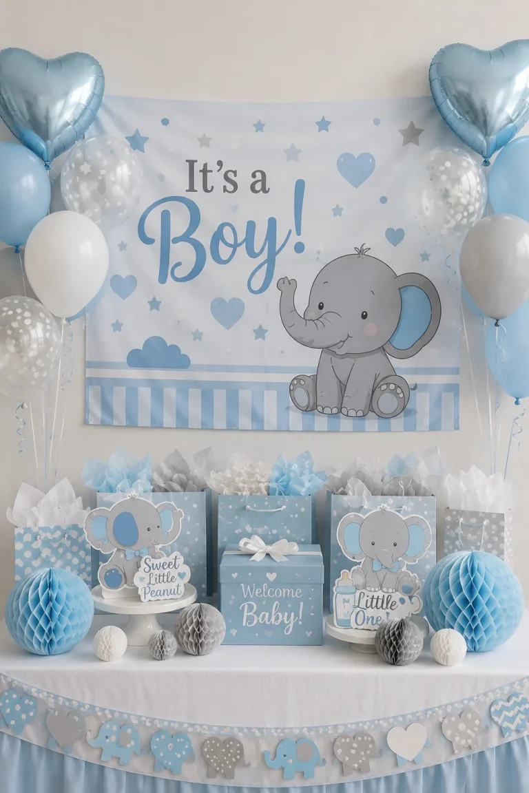 A styled blue-and-gray elephant baby shower table with a balloon garland backdrop, "It's a Boy" banner, and a centerpiece cluster, shot in bright natural light.