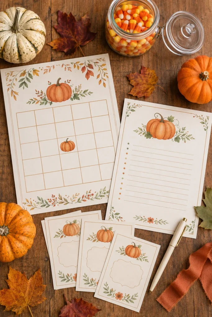 Free printable fall baby shower game cards, including bingo and word scramble, laid out with mini pumpkins
