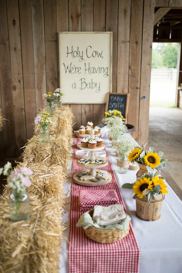 A styled farm baby shower scene with a hay bale seating area, gingham runner, and a "Holy Cow We're Having a Baby" balloon backdrop.