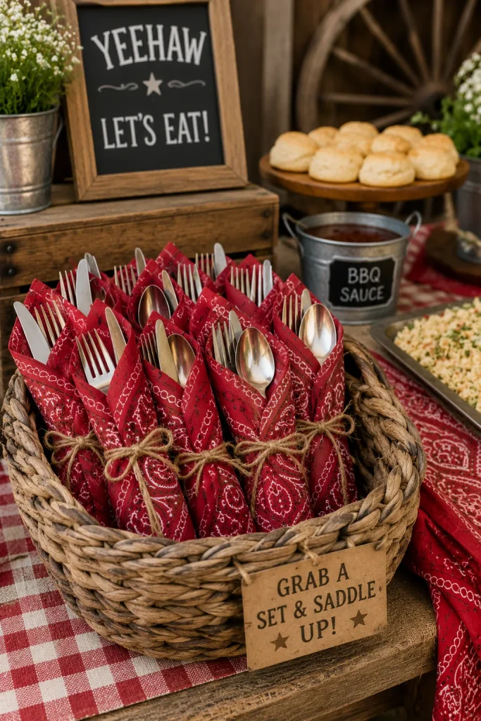 Cutlery rolled inside red bandanas and tied with jute string, arranged in a basket at the edge of the food table