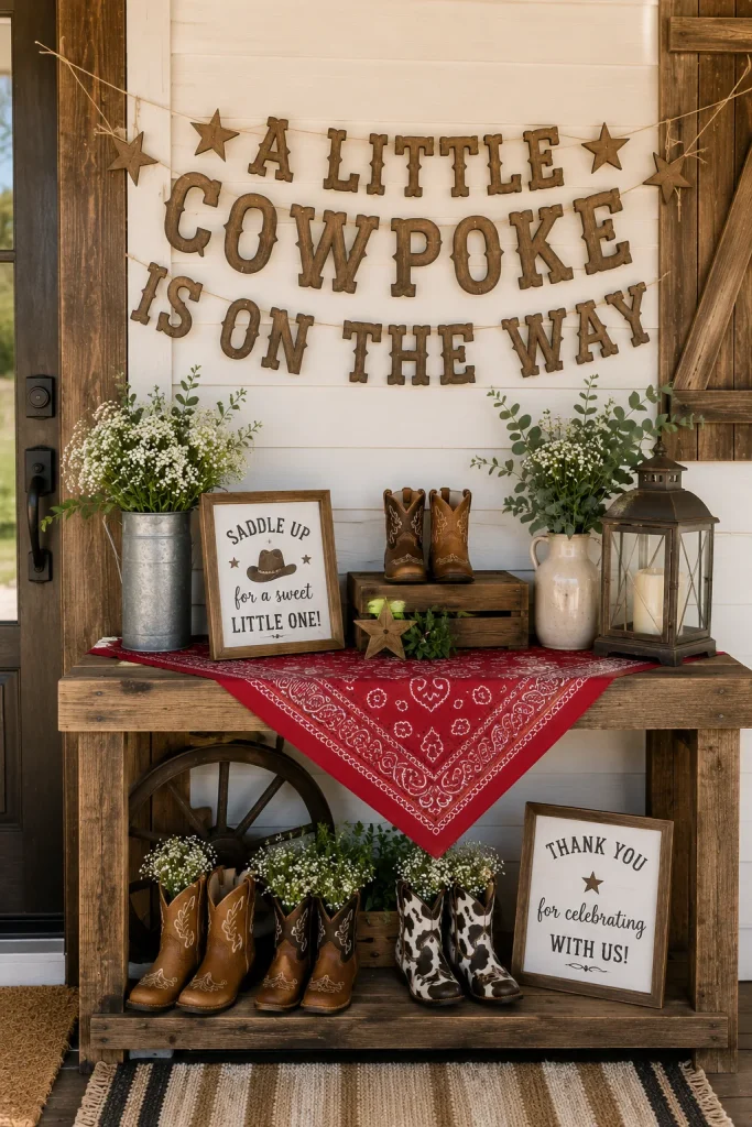 A wood-lettered banner reading 'A Little Cowpoke Is On the Way' hung above an entry table styled with mini cowboy boots and a bandana runner