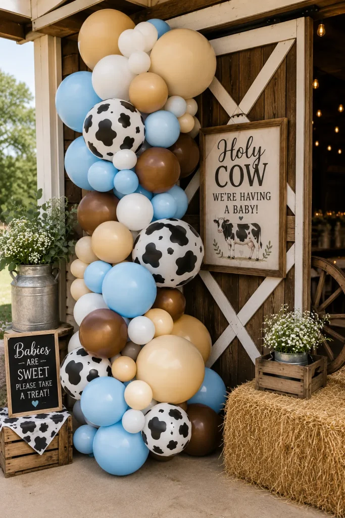 A cluster of light blue, brown, sand, and white balloons with black-and-white cow print accents, arranged near a barn door backdrop