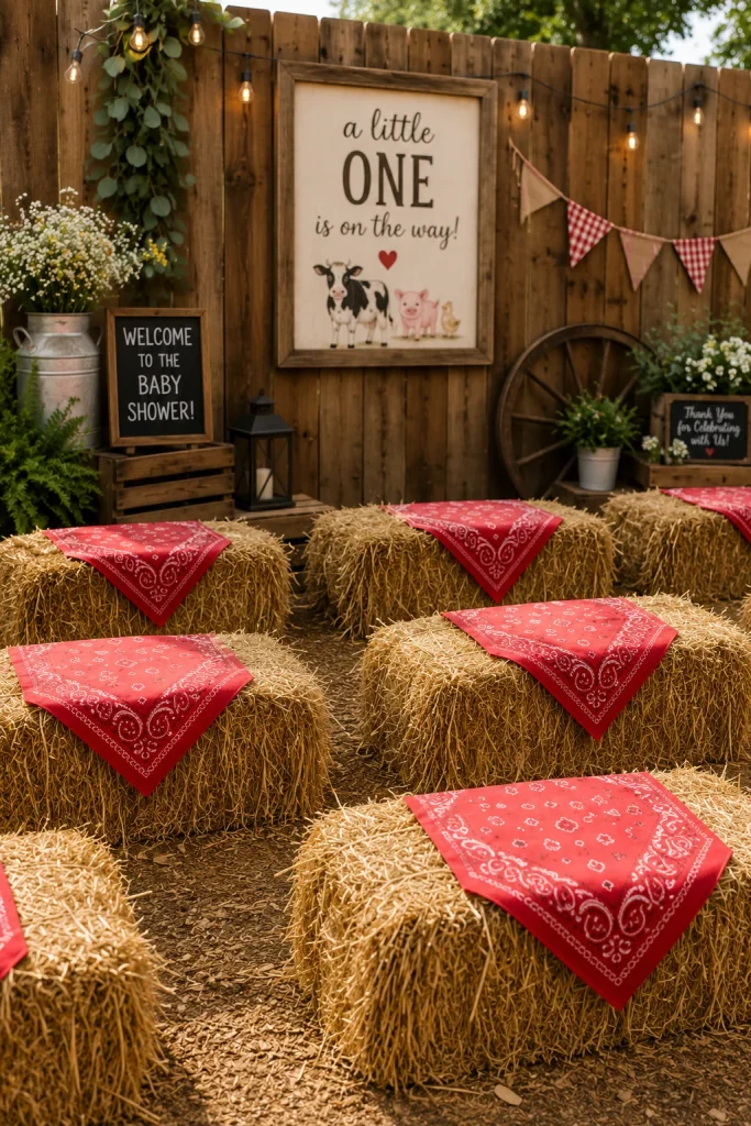 Hay bales arranged as casual seating with folded red bandanas draped over each one, set against a wood fence backdrop