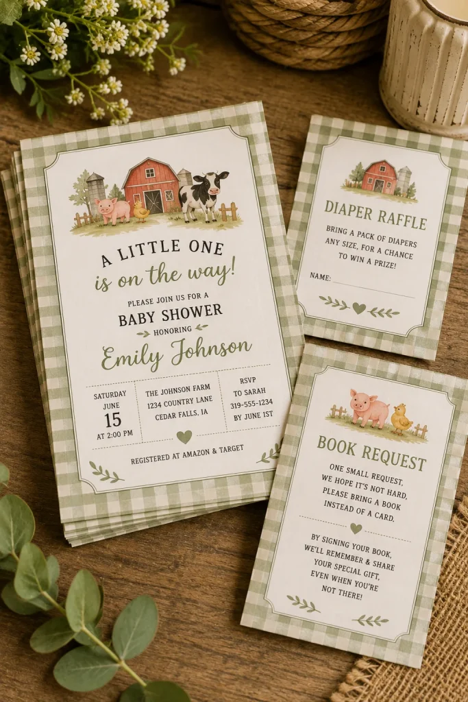 A stack of gingham-bordered baby shower invitations with a matching diaper raffle ticket and book request card fanned out beside them
