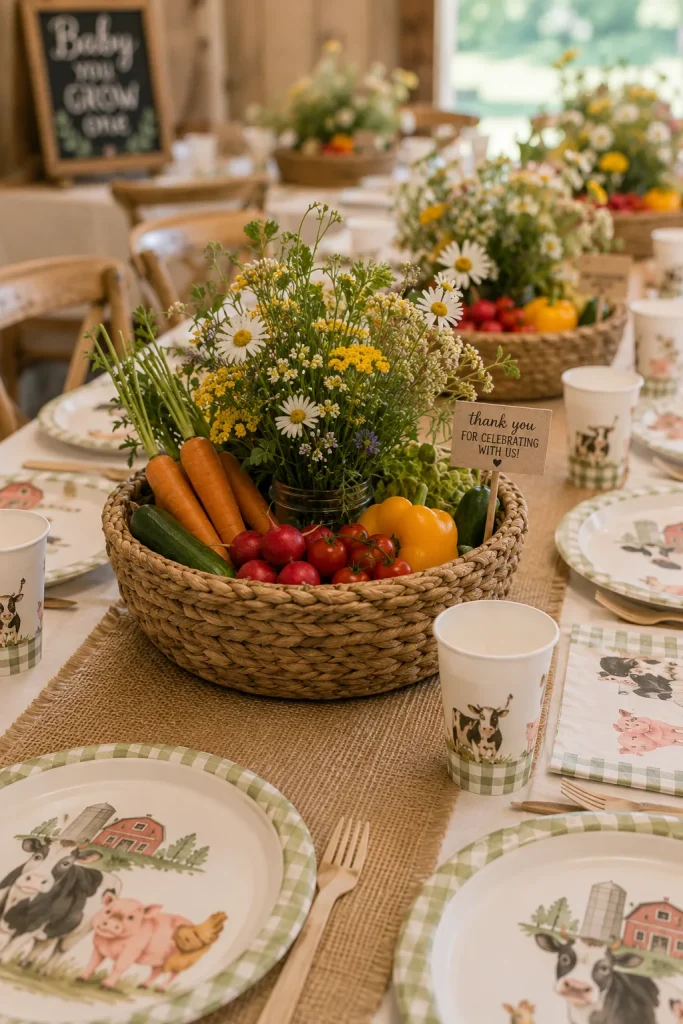 Shallow woven baskets filled with fresh vegetables and wildflowers, placed at the center of each guest table