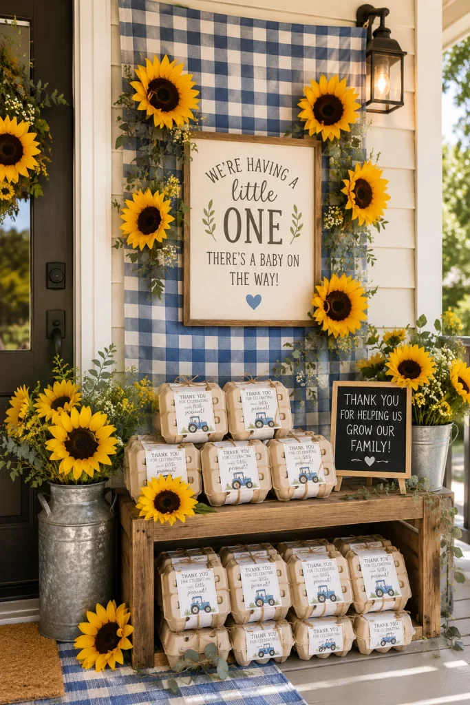 A front porch decorated with a blue gingham panel and bright yellow sunflowers, with egg cartons arranged as favors on a wooden crate below