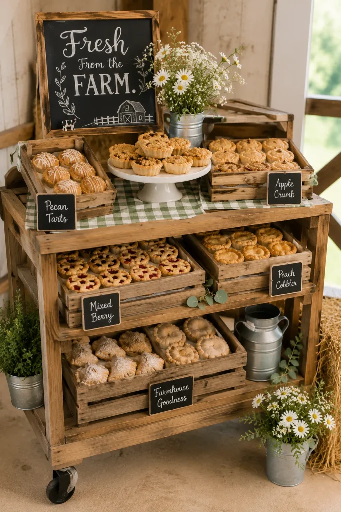 A rolling wood cart lined with wooden crates holding mini pies and pastries, with a small chalkboard sign reading 'Fresh From the Farm.'