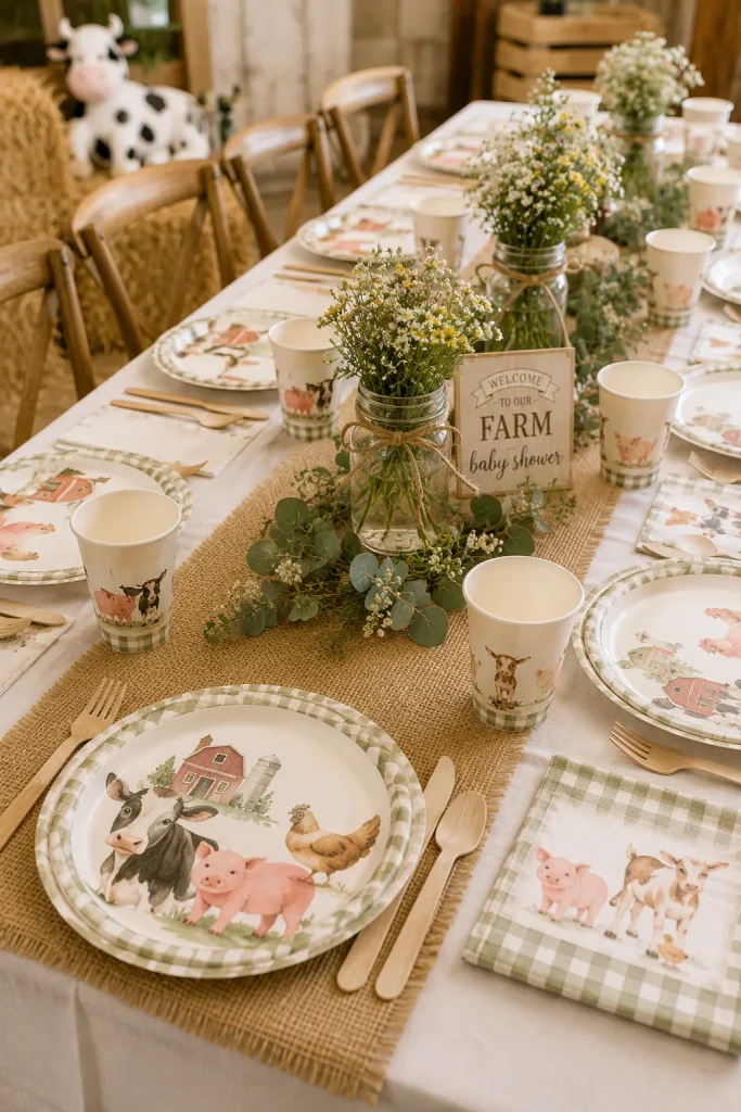A fully set party table with watercolor-print farm animal plates, matching napkins, and cups, styled with a burlap runner