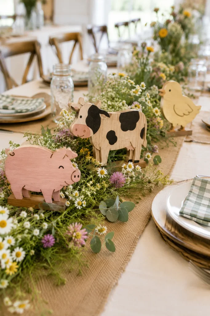 Small wood-cut farm animal shapes — a pig, cow, and chick — standing among a scattering of wildflowers down the center of a long table