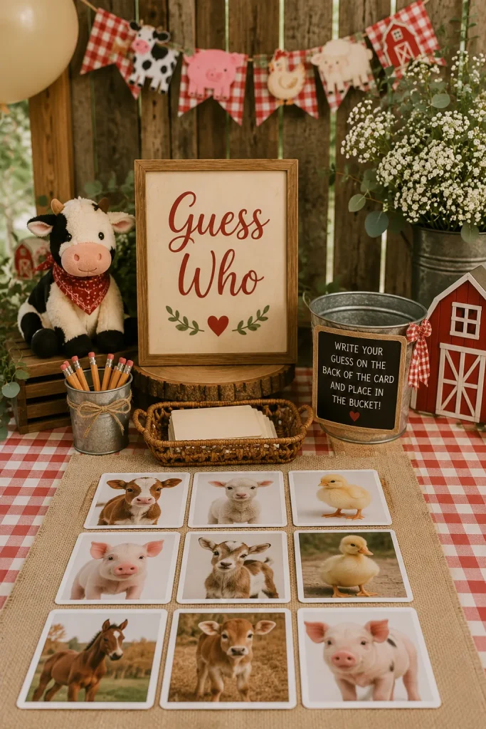 A small game station with printed cards showing unlabeled baby farm animal photos, pencils, and a wood 'Guess Who' sign