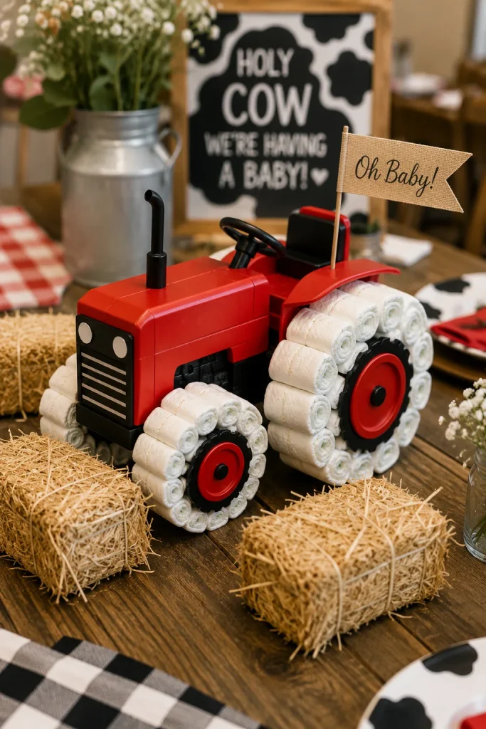 A red toy tractor centerpiece with wheels made from rolled diapers, placed on a wood table surrounded by mini hay bales