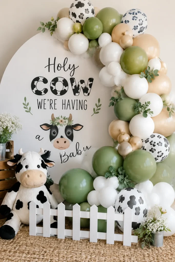 A round balloon backdrop in white, sage, and tan with a 'Holy Cow We're Having a Baby' sign, a plush cow, and a small white fence detail in front