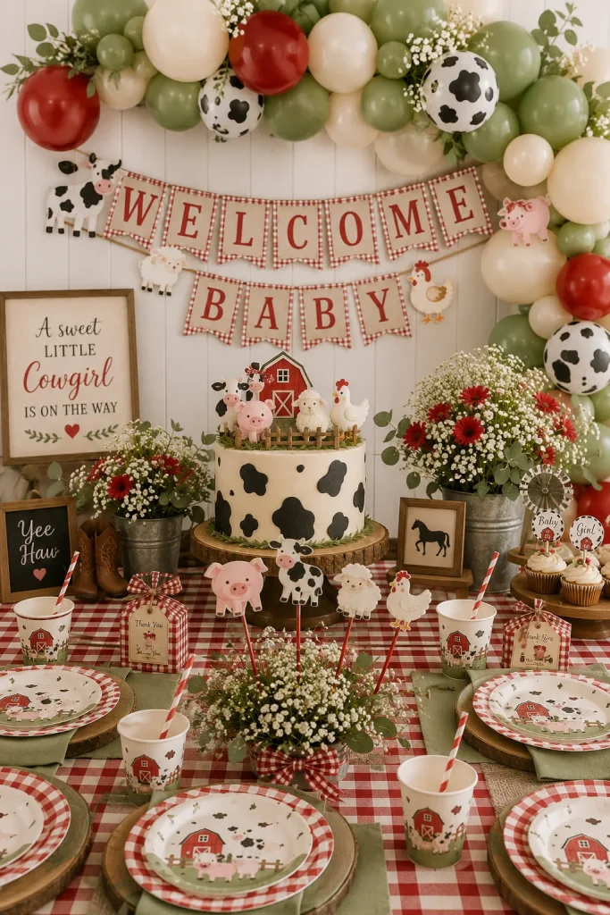 A fully coordinated party table featuring matching plates, cups, a hanging banner, balloons, and a farm animal cake topper, styled in red and sage