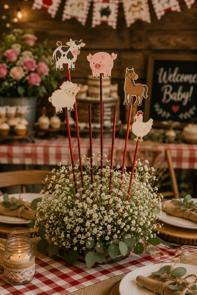 Tall red centerpiece sticks topped with small farm animal silhouettes, rising from a low arrangement of baby's breath