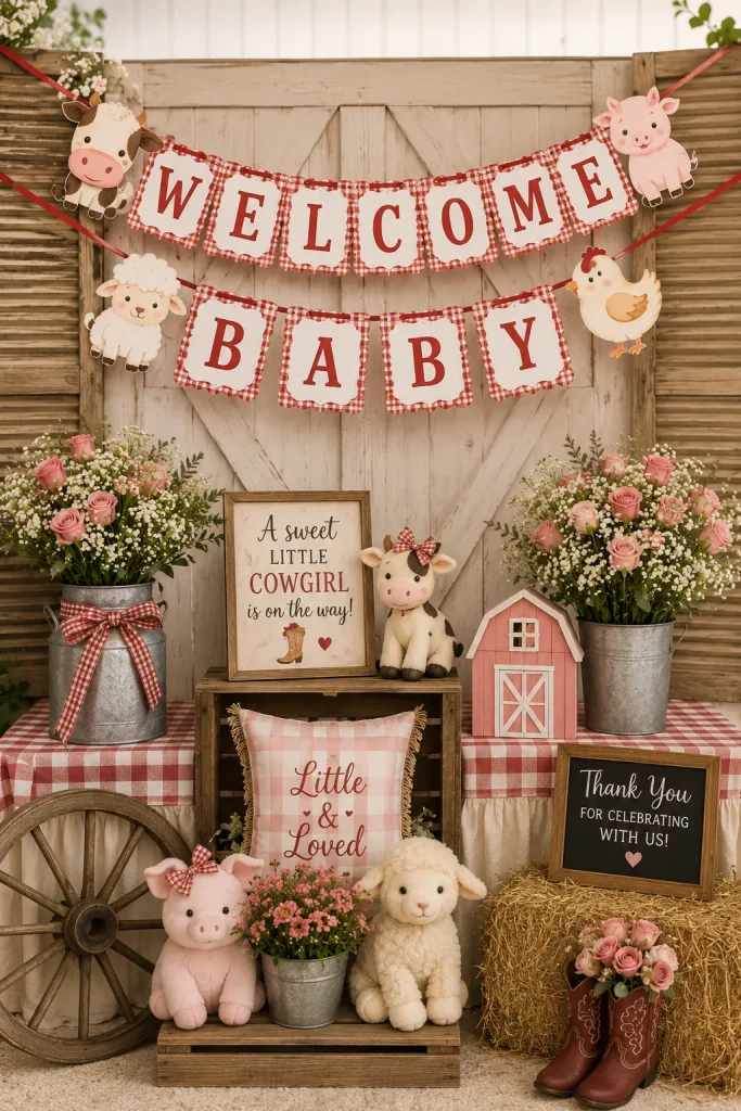 A red-and-white garland-style banner reading 'Welcome Baby' with small farm animal cutouts, hung above a photo backdrop styled for a girl's shower