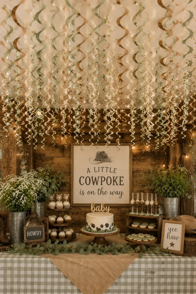Dozens of foil swirl decorations in cream, sage, and tan hanging from the ceiling above a dessert table, creating a canopy effect