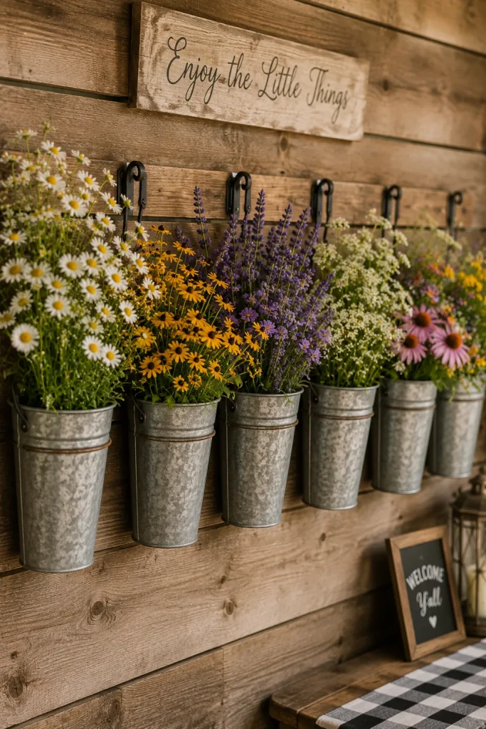 A row of galvanized metal buckets mounted on a wood plank wall, each filled with a different wildflower variety