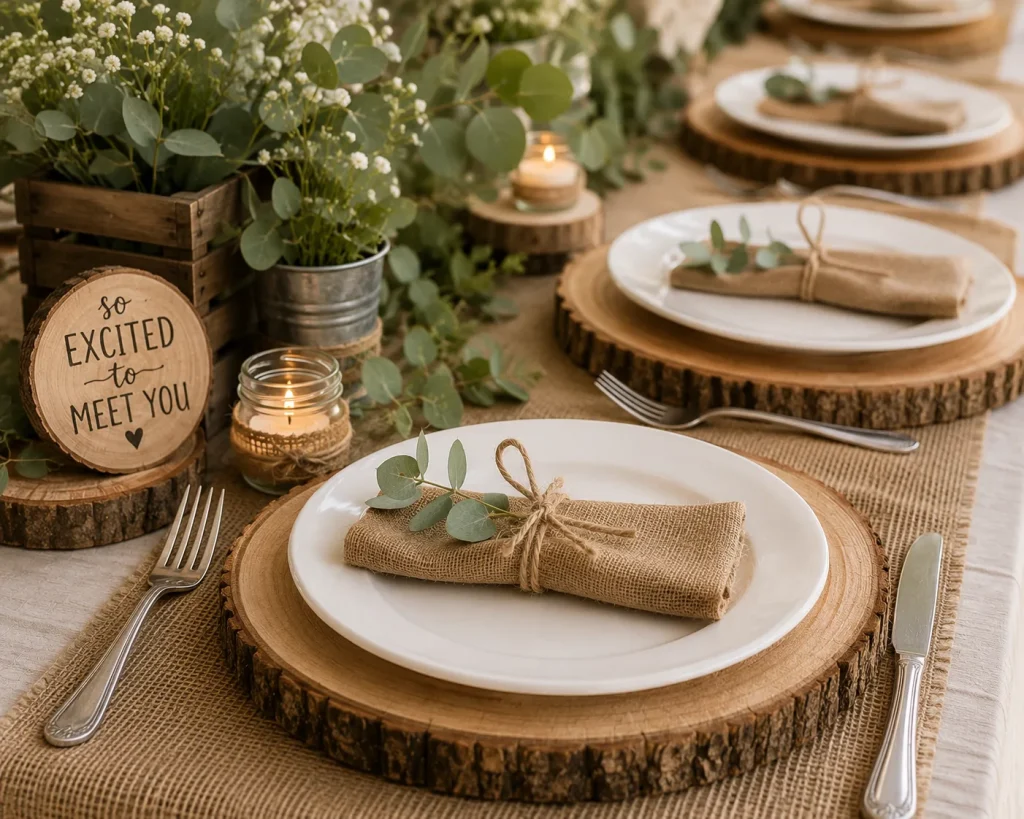 Round wood slices used as chargers under simple white plates, with burlap napkin ties and a single sprig of eucalyptus at each setting