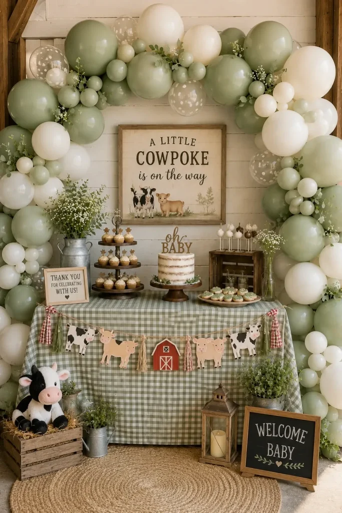 A soft sage green and cream balloon garland arch framing a small table with a wood high chair and dessert display
