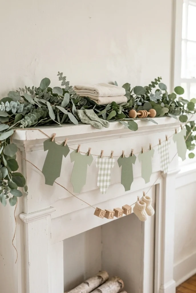 Baby clothes clothesline bunting garland hanging above a fireplace mantel