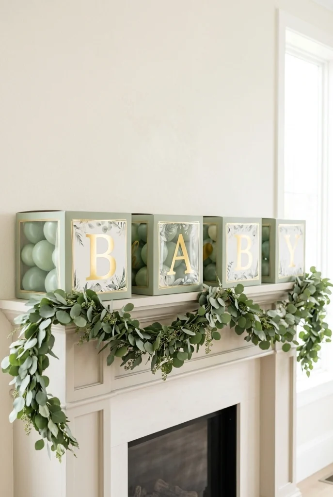 Clear balloon boxes spelling BABY filled with mini sage green balloons
