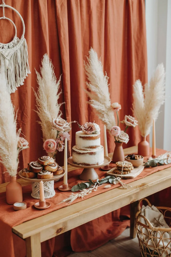 Boho fall baby shower table with pampas grass, rust linens, and terracotta vases