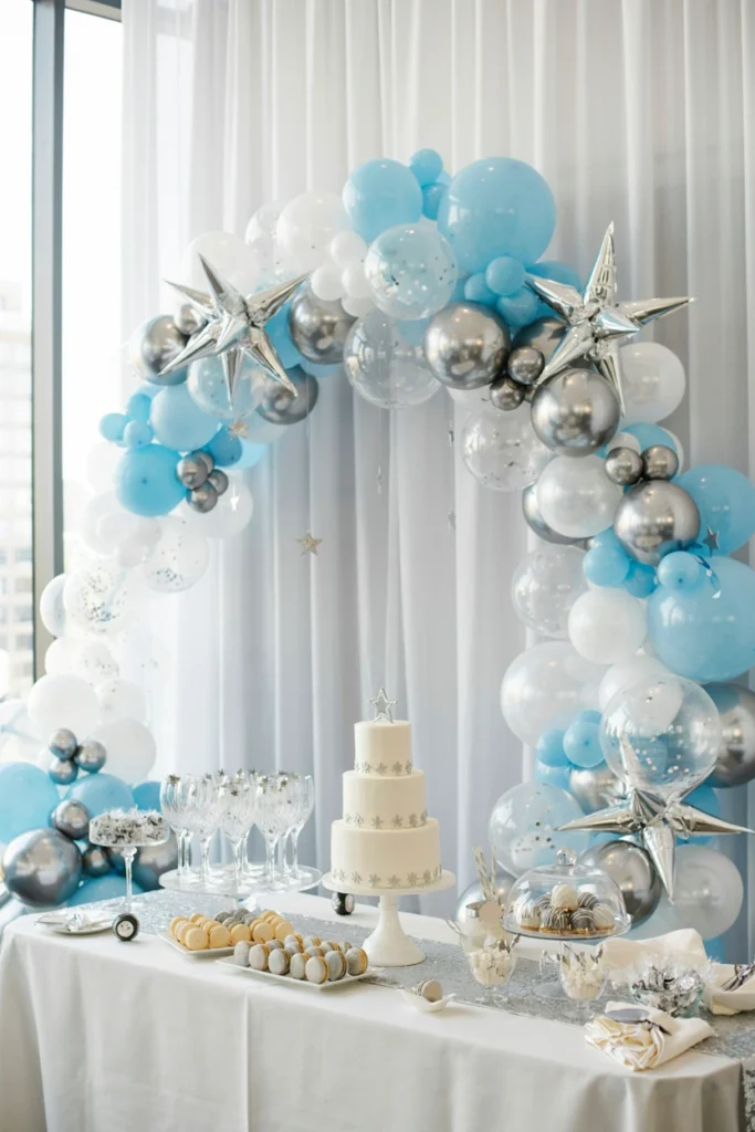 Ice blue and silver balloon arch for an ice skating baby shower