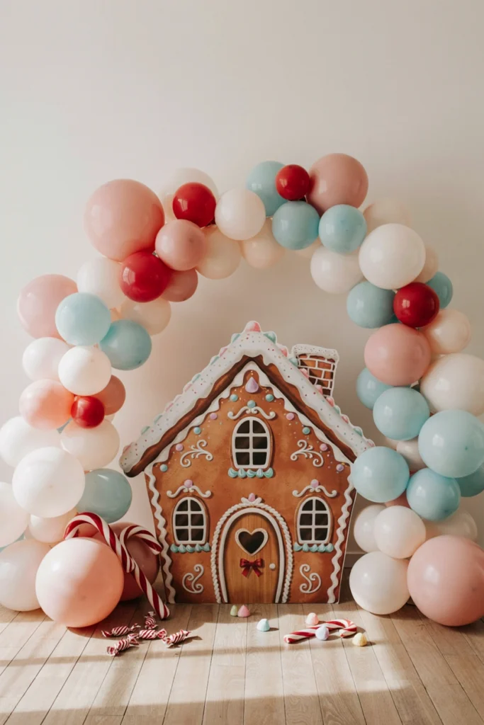 Pastel pink and mint balloon arch with a gingerbread house cutout backdrop for a candyland baby shower