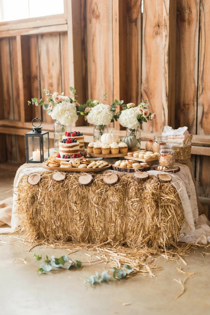 Rustic barn fall baby shower with a hay bale dessert base wrapped in burlap and lace