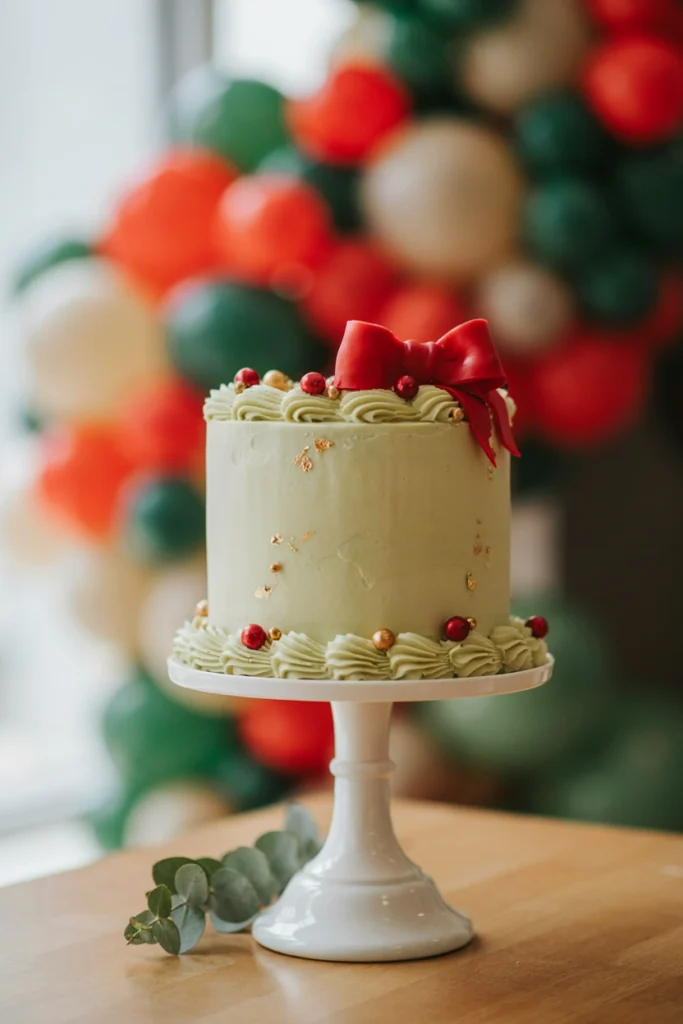 Green and red ornament-drip Grinch baby shower cake with gold topper