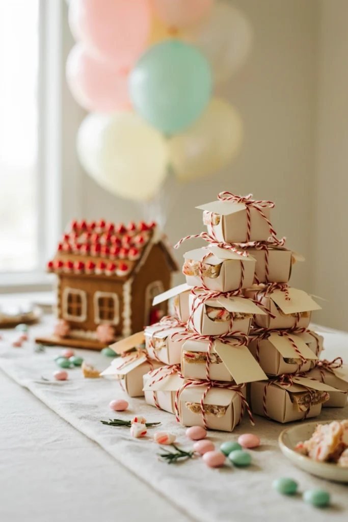 Peppermint bark favor boxes tied with red and white baker's twine for a Christmas baby shower