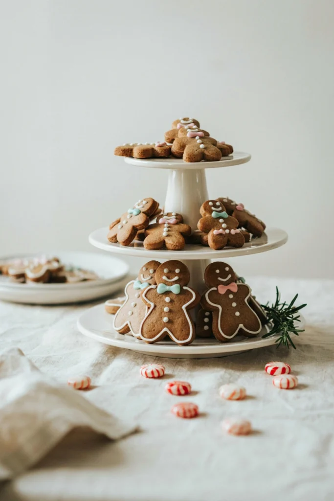 Tiered gingerbread family cookie tower on a cake stand for a Christmas baby shower dessert table