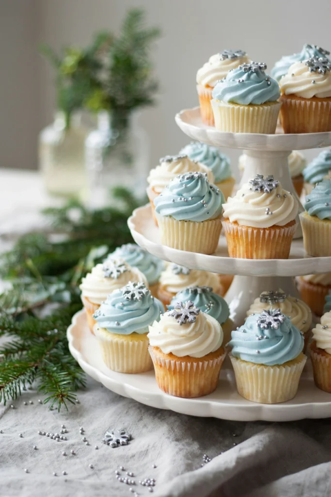 Tiered stand of white and pale blue frosted cupcakes topped with mini sugar snowflakes and silver sprinkles