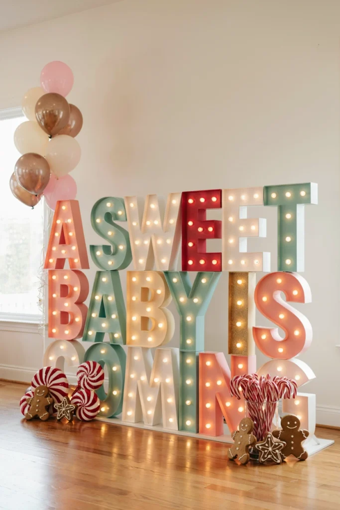 A Sweet Baby Is Coming marquee sign surrounded by oversized peppermint candy props
