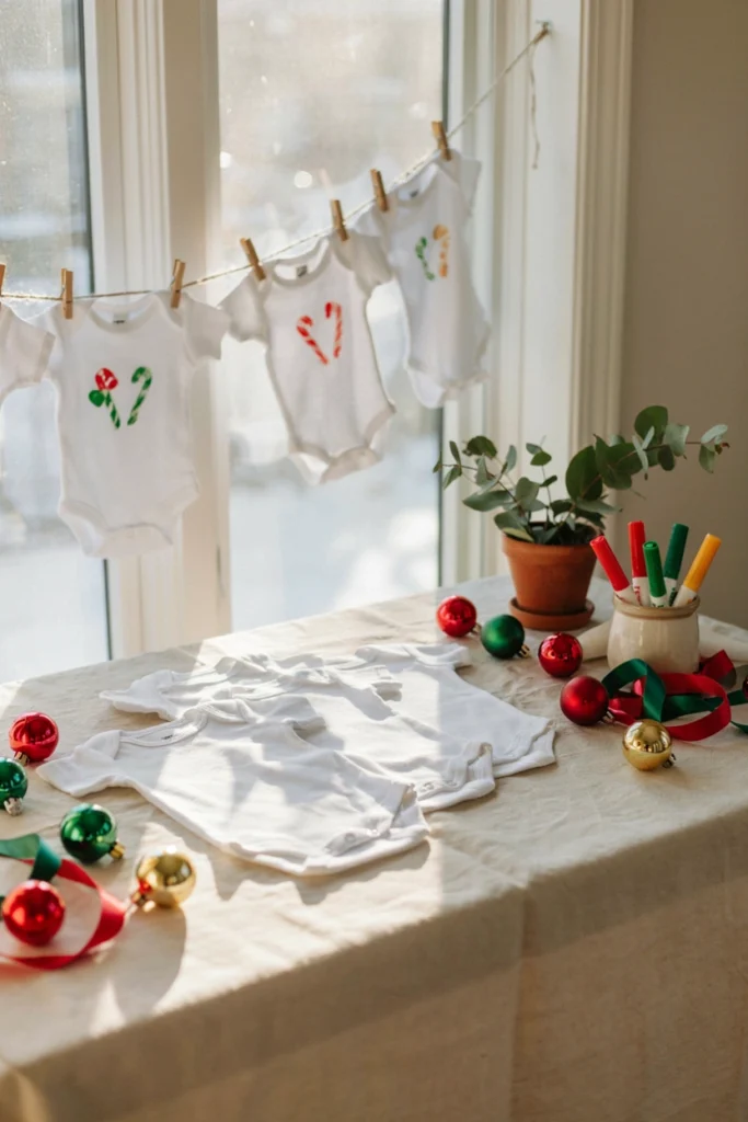Oh Baby onesie decorating station with fabric markers at a baby shower