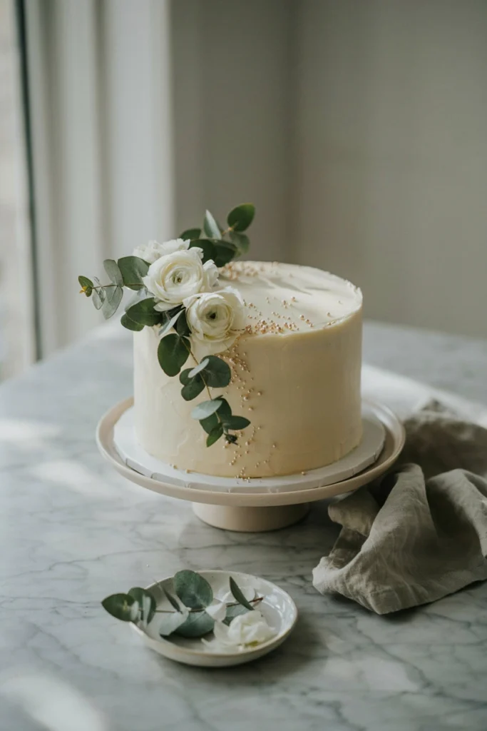 Plain white bakery cake topped with fresh eucalyptus sprigs and white blooms