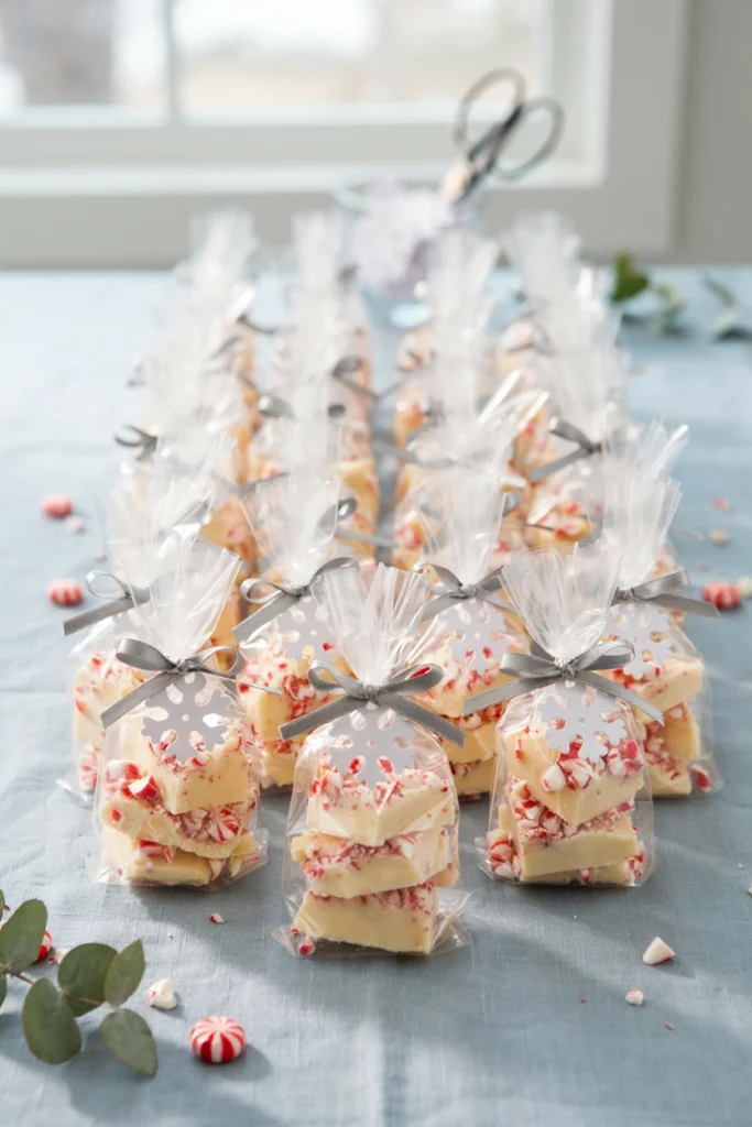 Peppermint white chocolate bark favor bags with silver ribbon and snowflake tags