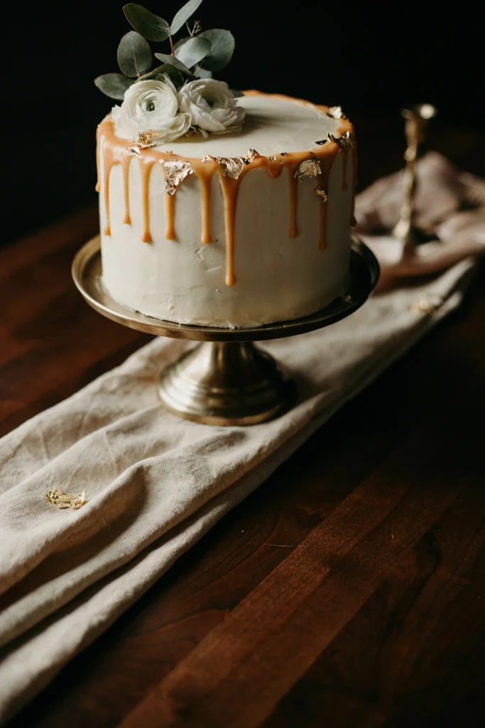 Ivory cake with warm champagne-gold ganache drip and pressed edible gold leaf on top