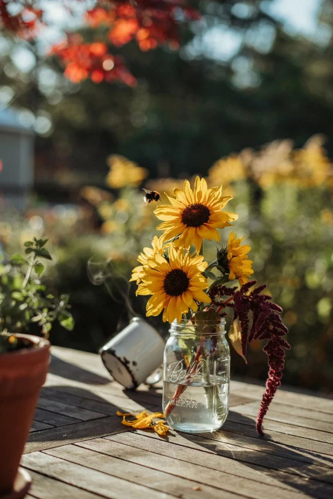 Mason jar filled with bright yellow sunflowers and stems of amaranth on an outdoor table in early autumn light