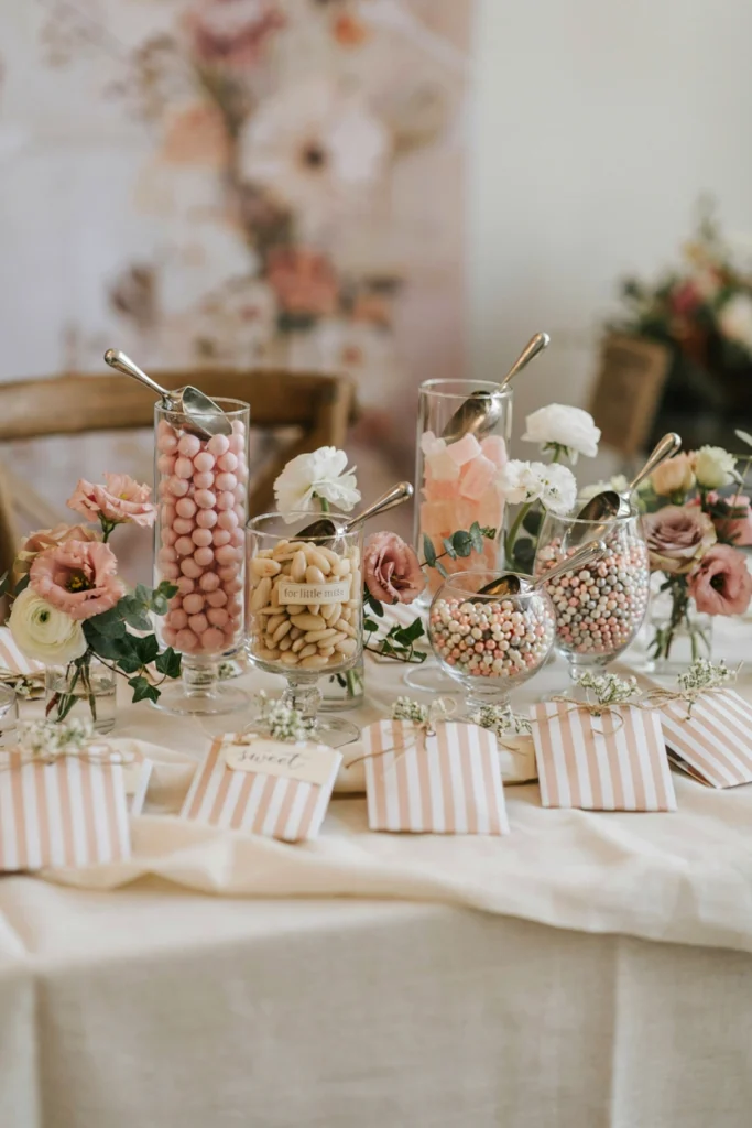 Apothecary jar candy buffet in pink and white for a baby shower dessert table